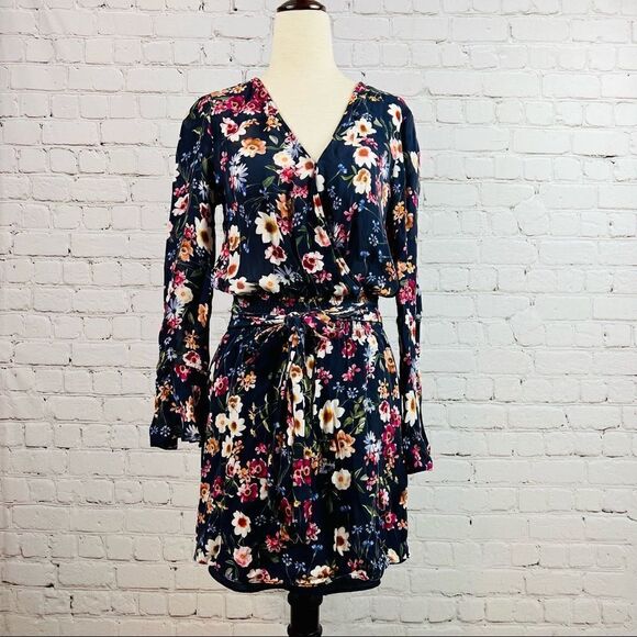 Parker Silk Blend Navy Floral Long Trumpet Sleeve Waist Tie Dress - Picture 1 of 11